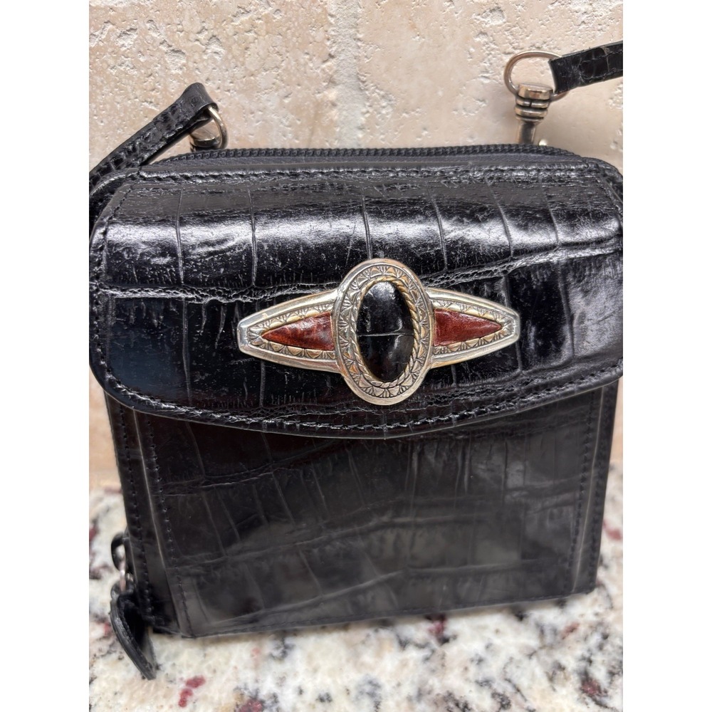 Vintage Brighton Mini Black Leather Crossbody Organizer Wallet 5"X5"